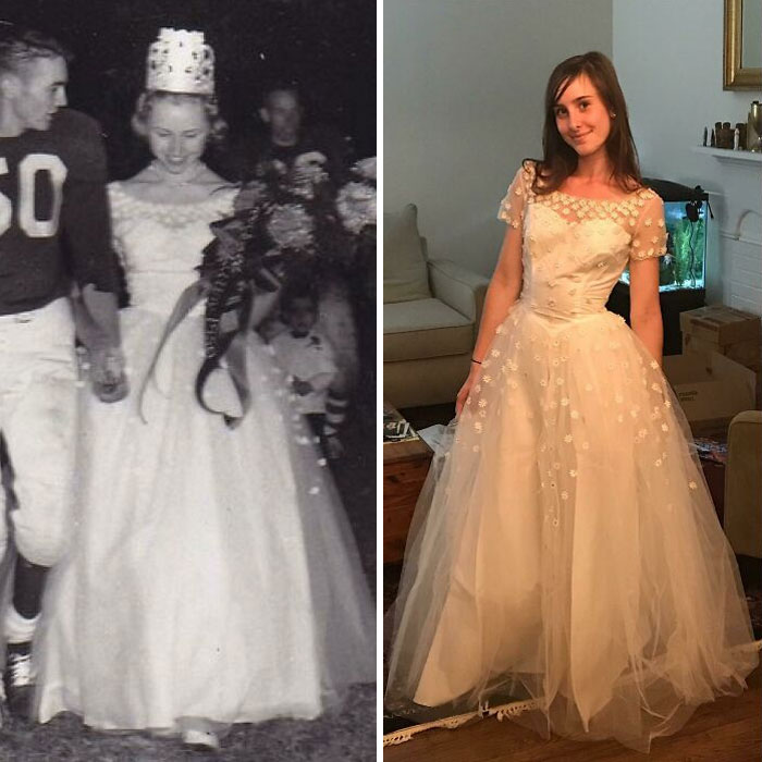 Mi abuela en un partido de fútbol en 1957, y yo con el mismo vestido 60 años después