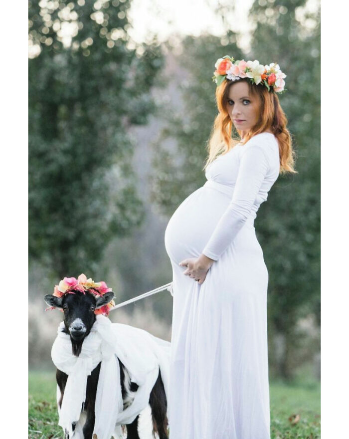 Una de nuestras cabras y yo, estábamos ambas embarazadas de gemelos y dábamos a luz en la misma semana. Le pusimos algo de ropa y se hizo la sesión de fotos de maternidad conmigo