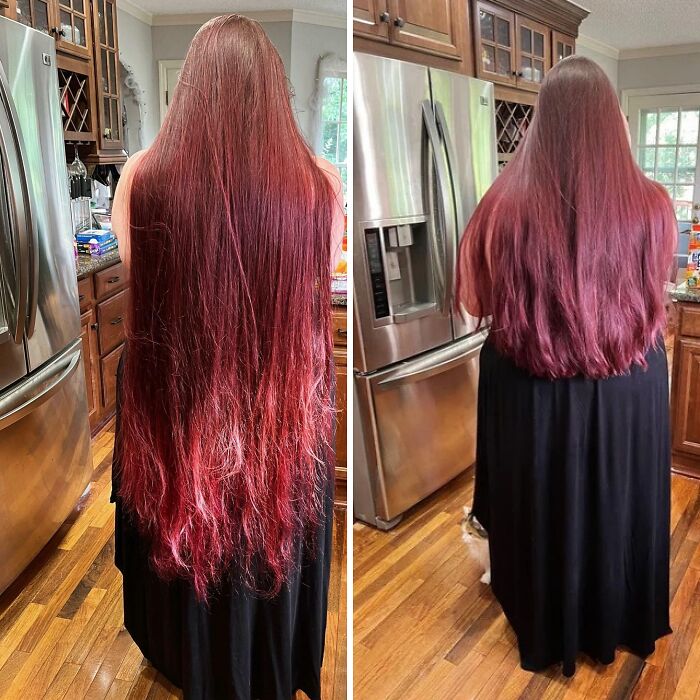 Me preparé y me deshice de las puntas abiertas. Hoy el estilista nunca había visto el pelo tan largo y tuvo que agacharse en el suelo para el corte inicial