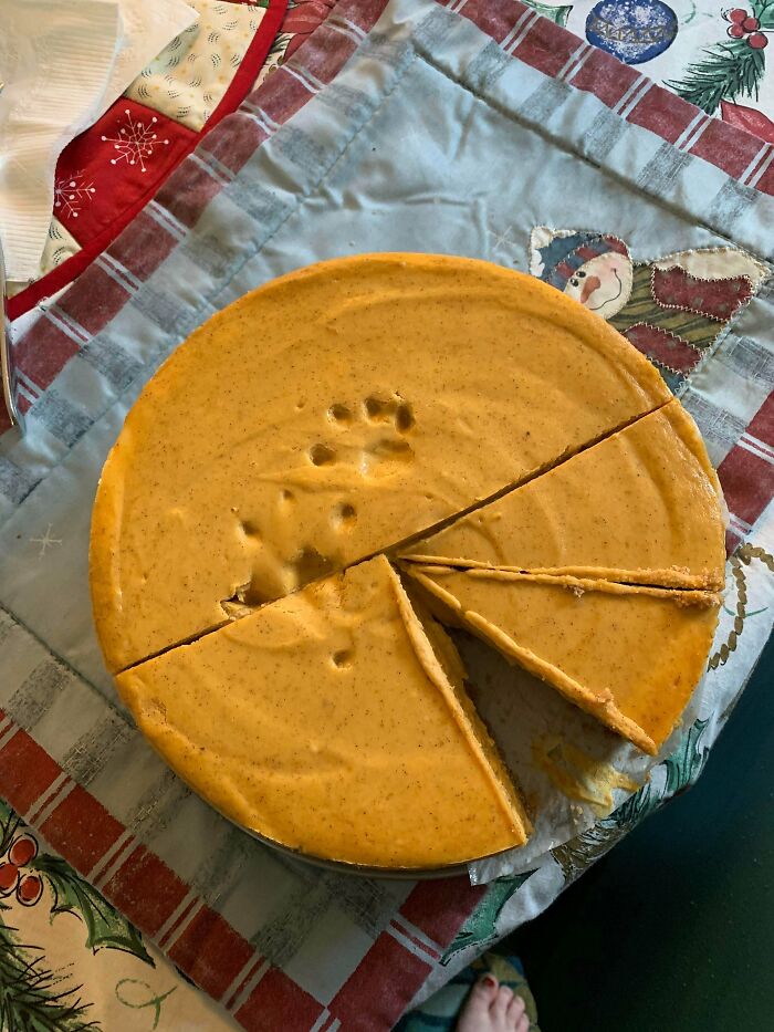 Hice mi primera tarta de queso de calabaza. Mi gatito decidió saltarle encima para ponerla a prueba, así que quedó con marca de gato incluída