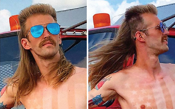 Encontrado en Mulletchamp.com. No es sólo un gran pelo, mira la bandera americana estratégicamente quemada por el sol