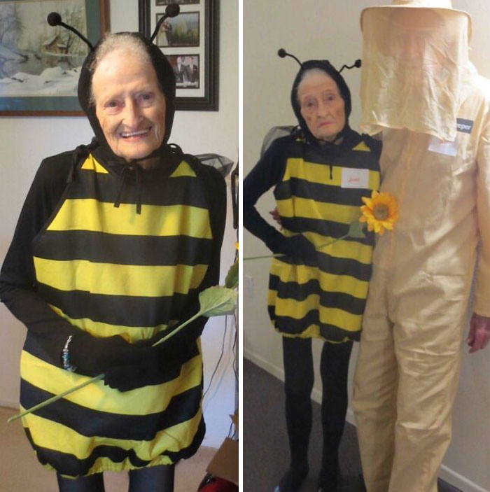 Una simpática reseña de Amazon que siempre vuelvo a ver para que me saque una sonrisa. Es sobre una mujer de 88 años y su marido de 92 que asistieron a una fiesta de Halloween. Les gustó el disfraz de abeja
