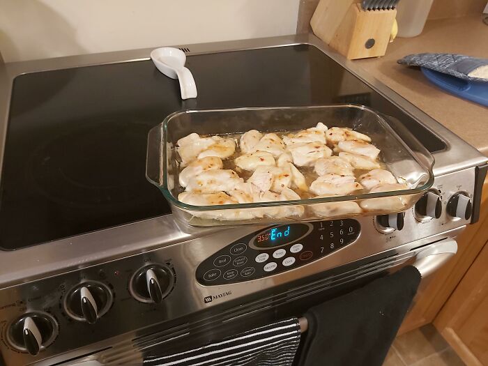 Así es como mi esposa deja un platillo luego de sacarlo del horno y se va. Tenemos hijos y un perro