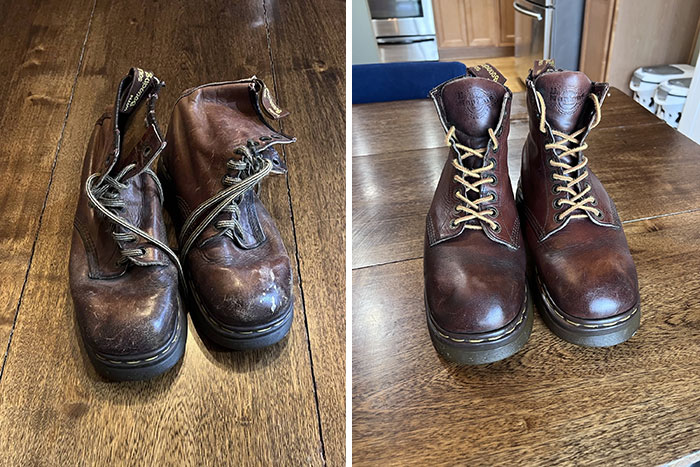 Mi esposa compró estas Doc Martens en 1993 y no las había usado en más de 20 años. Yo restauro el cuero como un hobby, y todavía me sorprende cómo puede recuperarse el cuero de calidad