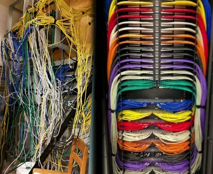 La mala vs. la buena organización del cableado en una sala de control