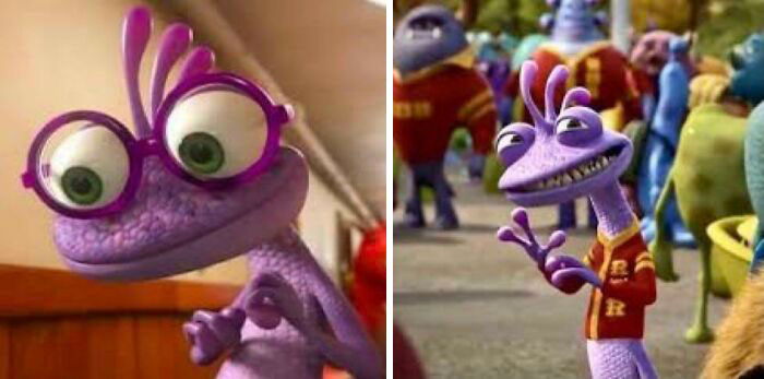 En Monstruos University (2013), Randall se muestra primero como un hombre agradable y respetuoso, pero luego se une a una fraternidad y se convierte en una persona fría y horrible y en un villano. Esta es la parte más acertada de la película