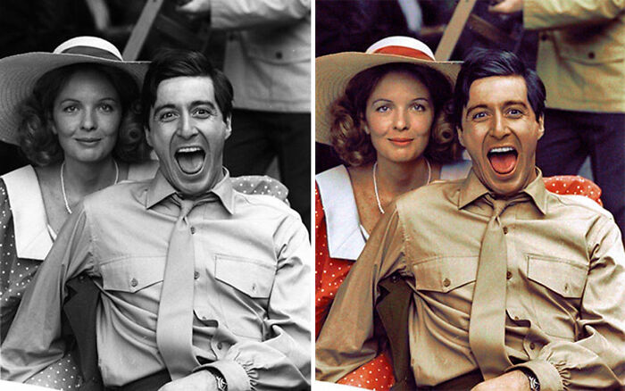 Diane Keaton y Al Pacino en el set de El Padrino de Francis Ford Coppola en 1972