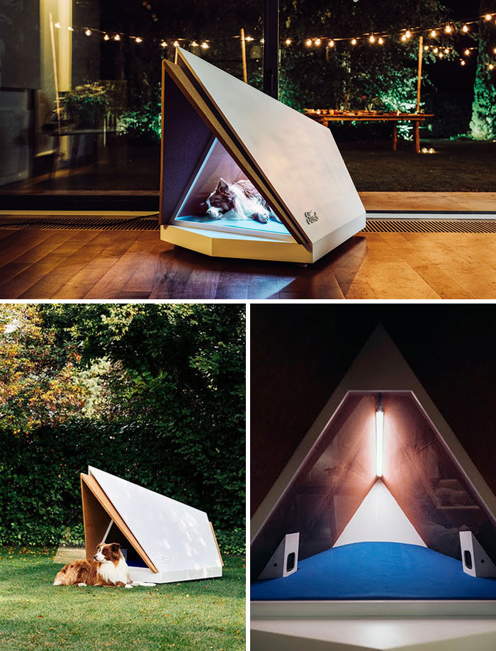 Casa para perros con cancelación de ruido que puede mantener a su cachorro tranquilo durante los fuegos artificiales y las tormentas (un prototipo de Ford, que utiliza tecnología creada para vehículos de alta gama)