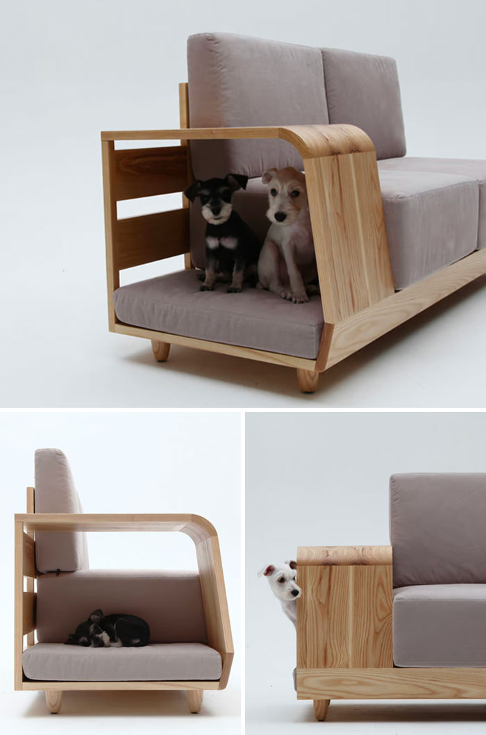 Este sofá tiene una acogedora "casa para perros" al lado como parte del reposabrazos/mesa auxiliar
