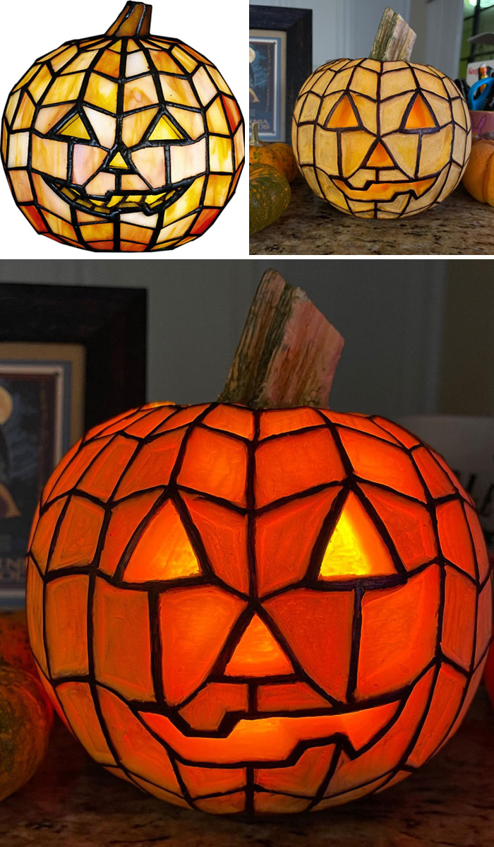 Esta es mi presentación a un concurso de tallado de calabazas en el trabajo. La primera imagen es una lámpara de cristal Meyda Tiffany, que fue mi inspiración. Me tomó casi 8 horas
