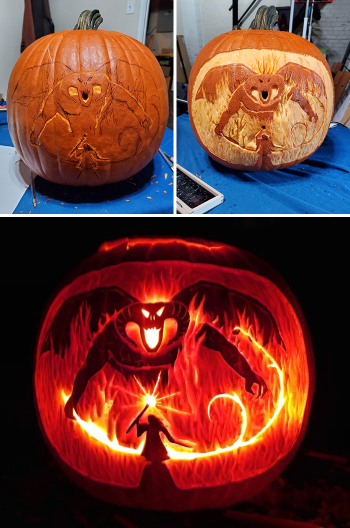 Balrog (La perdición de Durin) vs. Gandalf tallado en calabaza 2.0