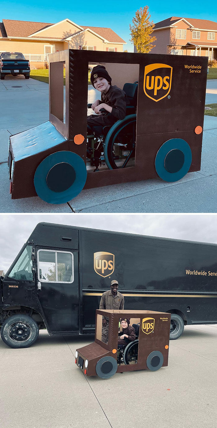 Disfraz de Halloween 2021 de silla de ruedas, cuando el hombre de UPS es increíble y te encanta cuando viene a dejar tus paquetes