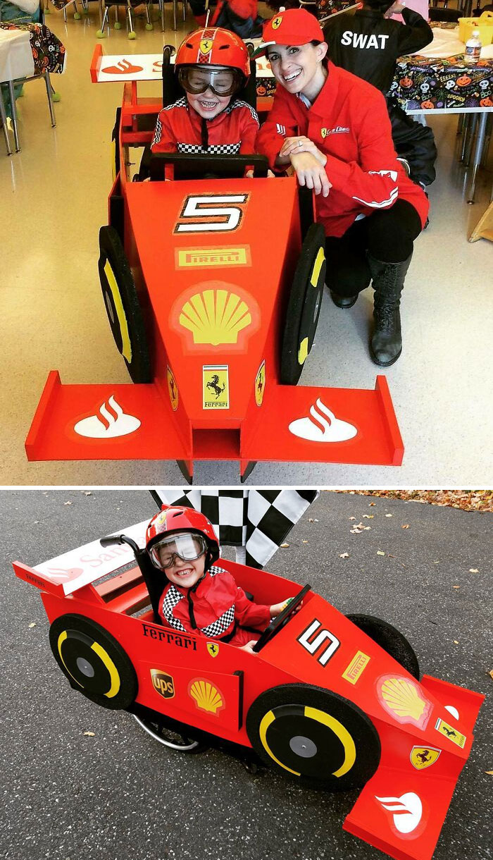 Sam, por supuesto, eligió ser Sebastian Vettel para Halloween. Hoy ha sido el primer estreno de su disfraz y no podría estar más contento