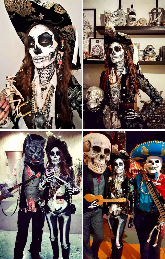 Aquí os dejo mi maquillaje de esqueleto de pirata que hice sobre mí misma y el traje que creé para el Halloween en 2017