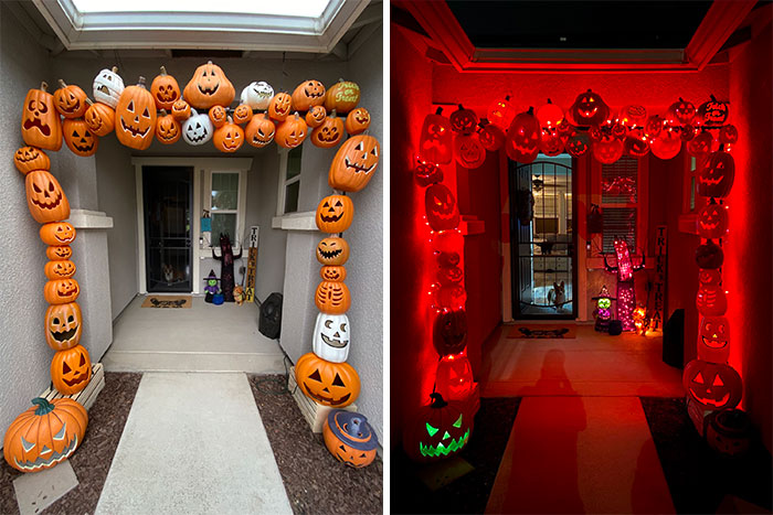El arco de calabaza que hizo mi esposa se ilumina. Realmente queda bien