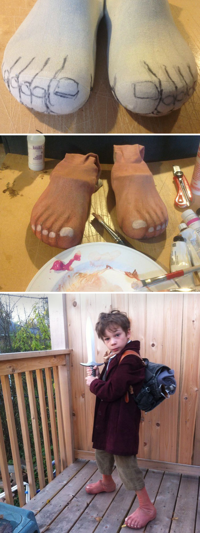 Para los padres de los niños que quieren ser hobbits en Halloween. Calcetines de hombre sobre unos Crocs, y luego pintura. Si quieres ponerte elegante, puedes pegar una suela