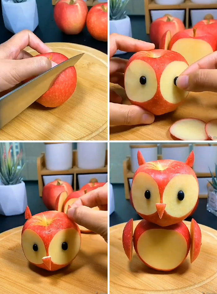 Un búho hecho con manzanas