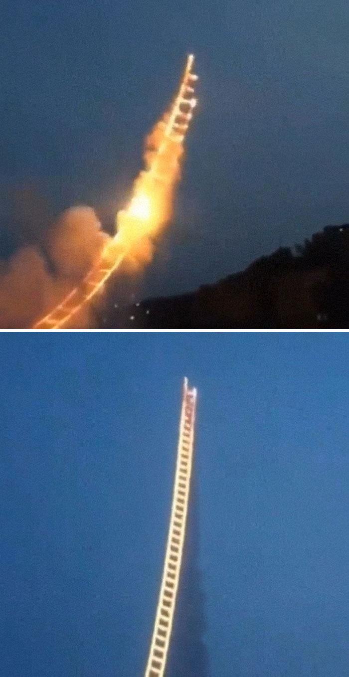 Un artista chino hizo una impresionante escalera de 500 metros en el cielo con fuegos artificiales en homenaje a su abuela
