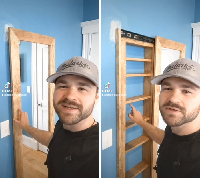 Construí un almacenamiento oculto en una pared detrás de un espejo deslizante