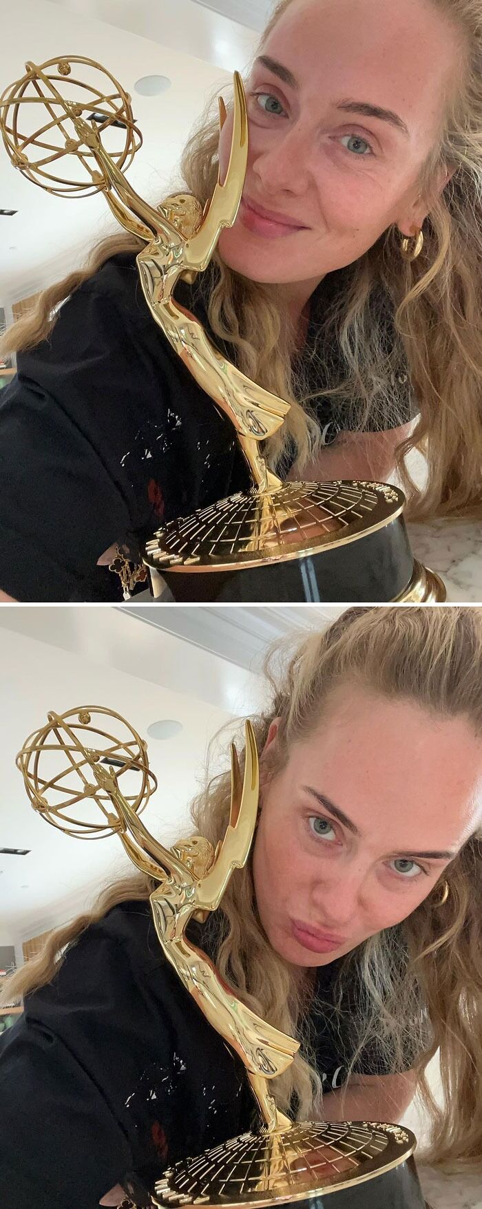 Adele celebrando su premio sin maquillaje