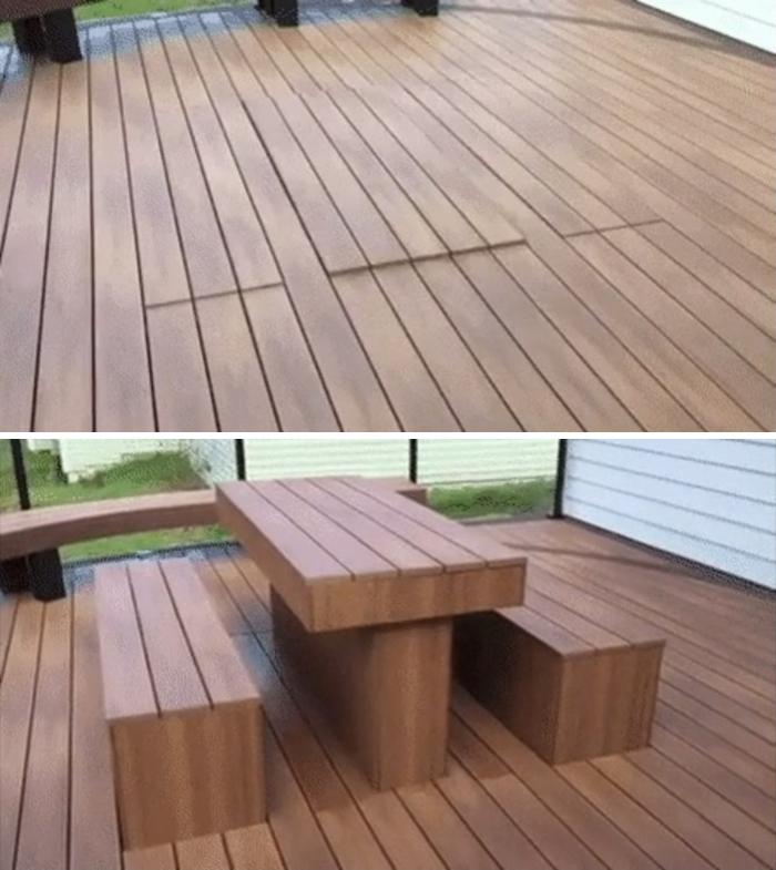Patio con mesa y bancos ocultos