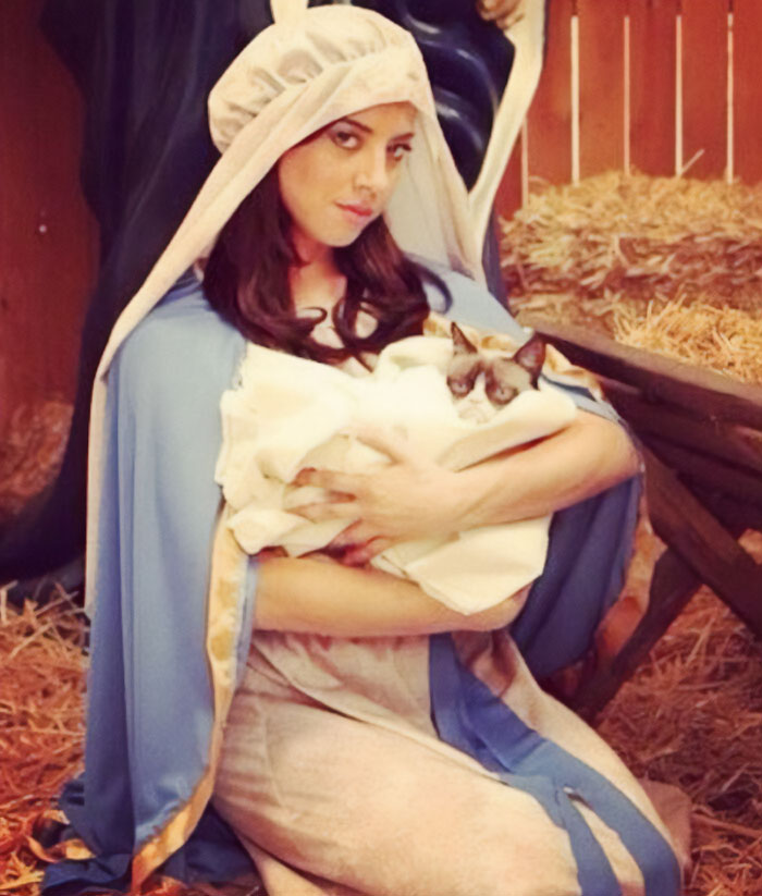 Aubrey Plaza sosteniendo al gato gruñón
