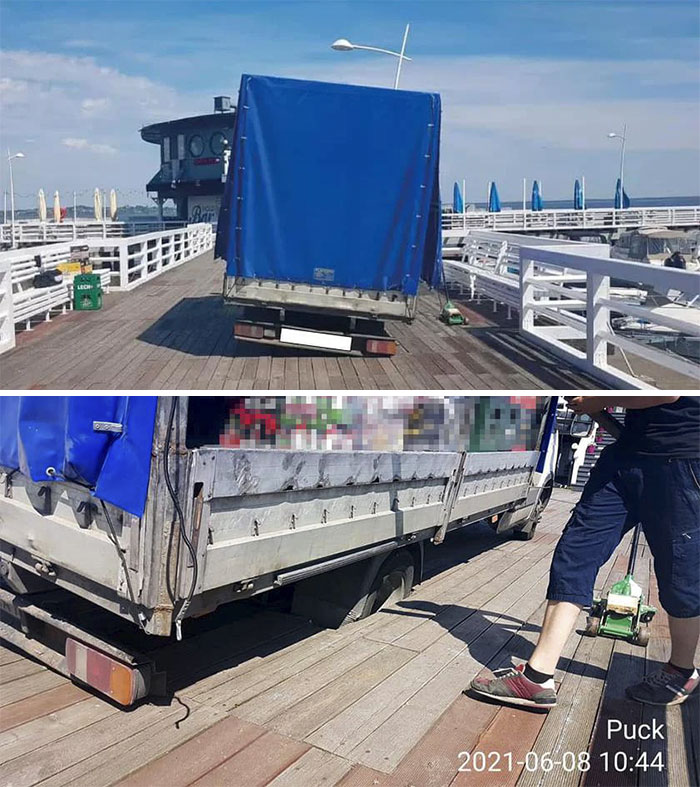 Este hombre ignoró la señal de ‘prohibido el paso’ y condujo por el muelle de madera porque era demasiado vago como para llevar las cosas en su carretilla