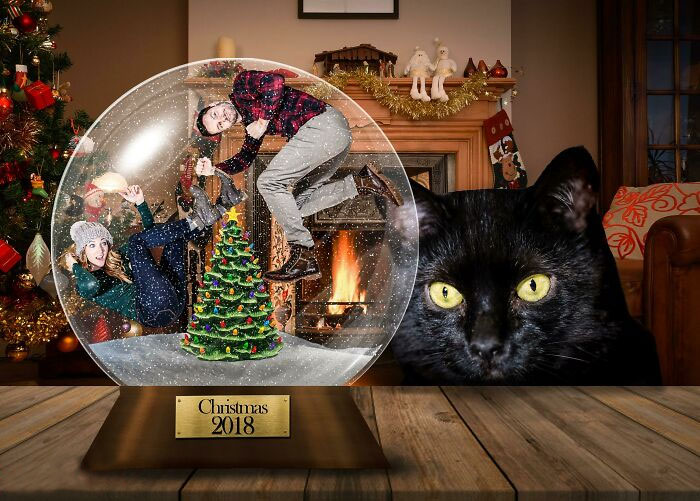 Mi marido y yo creamos tarjetas de Navidad con nuestro gato cada año. Esta es la de 2018