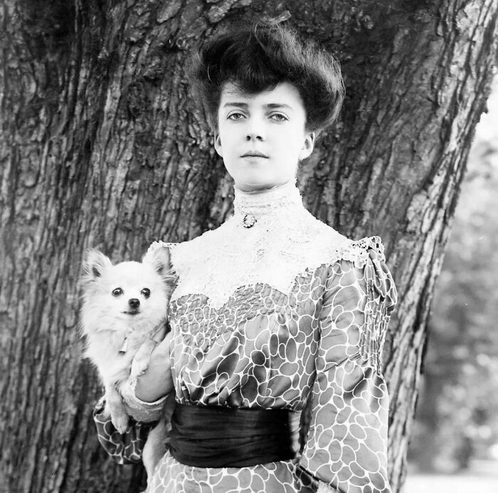 Esta es Alice Roosevelt, de 18 años, y su chihuahua de pelo largo llamado Leo en 1902