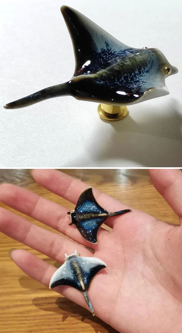 Hice este broche de cerámica con forma de mantarraya para celebrar esta criatura del océano. Cada pieza tiene un glaseado único