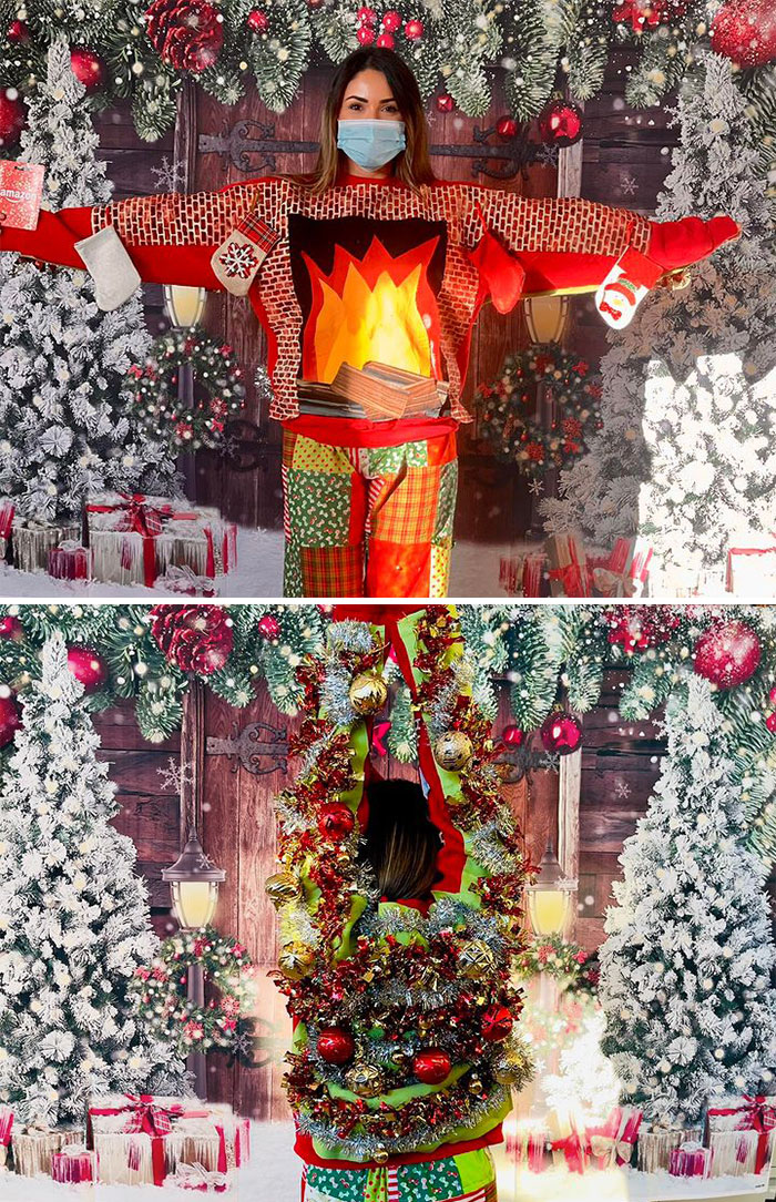 Carrie ganó el "Concurso de jerseys feos de Navidad" de nuestro personal. ¡Felicidades! Aplaudimos su creatividad. Chimenea y hogar por delante y árbol de Navidad por detrás