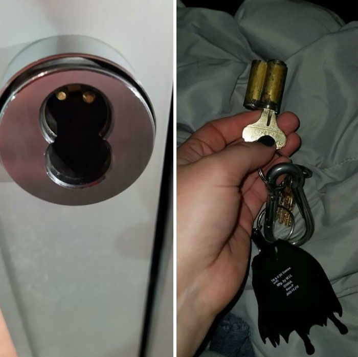 Esta mañana no pude entrar al trabajo porque el que cerró no se dio cuenta de que se llevó a casa el centro de la cerradura de la puerta