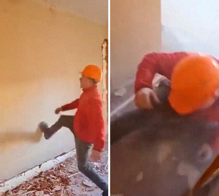 Le dio una patada al muro y se le cayó encima