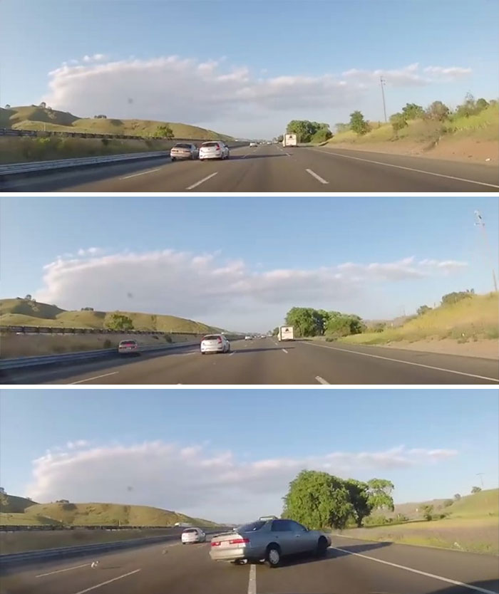 Un Camry finge embestir a un Hyundai pero vira en exceso y choca contra una barrera