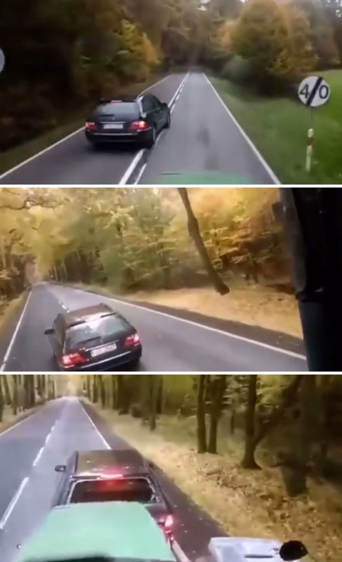 Un coche intenta rebasar a un tractor