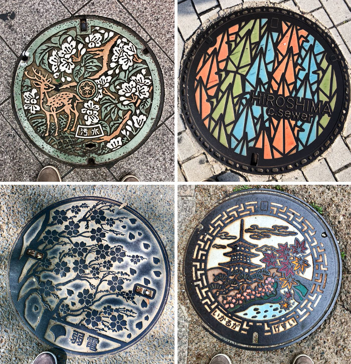 Me encantan estas tapas de alcantarilla personalizadas de Japón. Todas las localidades de la zona las tienen