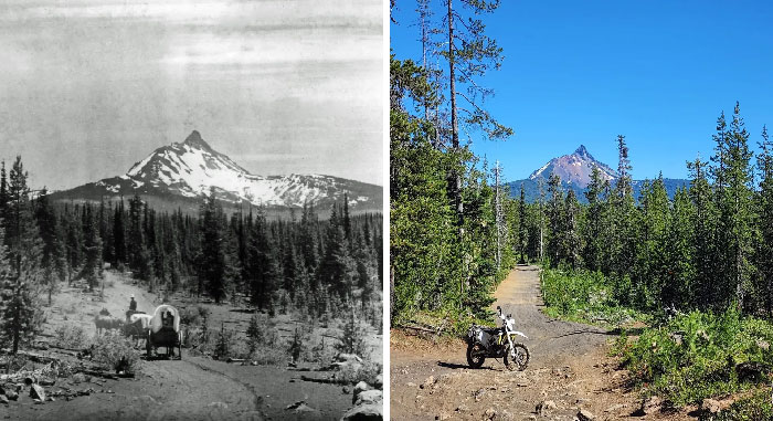 Hice mi mejor esfuerzo para encontrar la misma ubicación. Satiam Wagon Road, Oregon. 2022 vs. Fecha desconocida. El camino fue utilizado entre 1860 y 1930