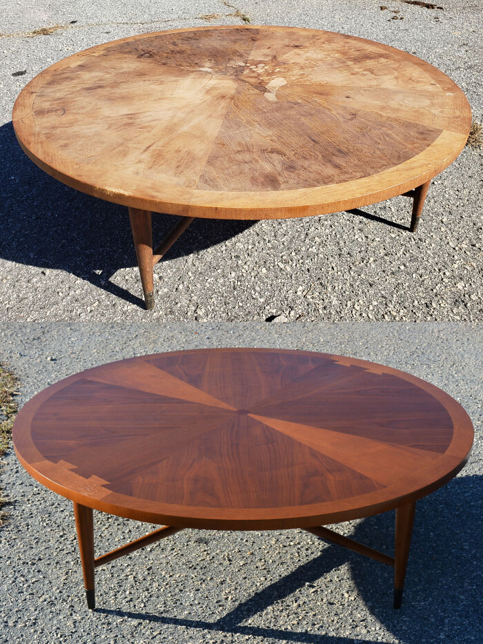 Antes y después de la mesa de cóctel Lane Acclaim First Edition, ¡de 1959! La pobre sobrevivió a 6 décadas de maltrato antes de llegar a mis manos. Es el doble de tiempo que llevo viva. ¡¡¡Una locura!!!