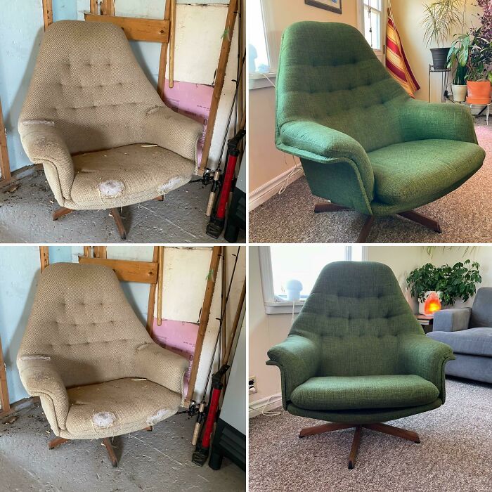 Después de encontrar esta silla en la acera hace casi 4 años, por fin tuve los medios para retapizarla. Fabricada en Dinamarca por Madsen & Schubell, se reclina :)