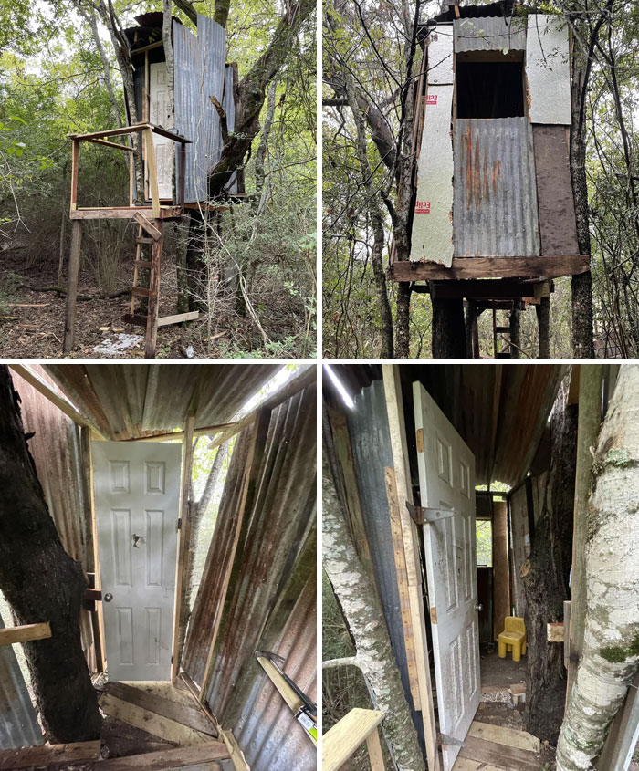 Finalmente terminé la casa del árbol, el costo total fue de alrededor de 50 dólares. Todo se hizo a partir de elementos encontrados en un granero