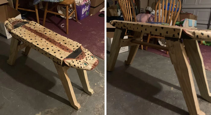 ¡Finalmente puedo hacer un post aquí! Hice unas patas para este banco de leopardo