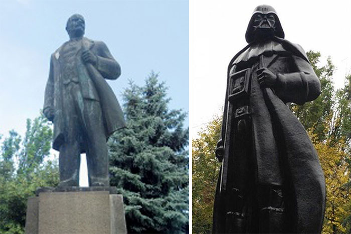 Tras la caída de la Unión Soviética, una ciudad de Ucrania se deshizo de todas sus estatuas comunistas. Un artista local convirtió la última que quedaba en Darth Vader