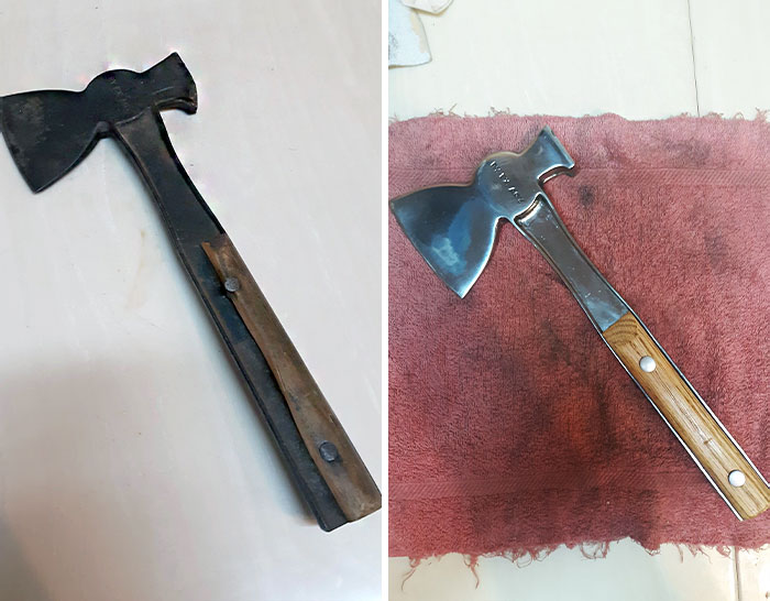 El año pasado restauré el hacha de carpintero de mi abuelo (tiene entre 75 y 100 años). No está mal para un estudiante de secundaria. Ni me lo habría imaginado