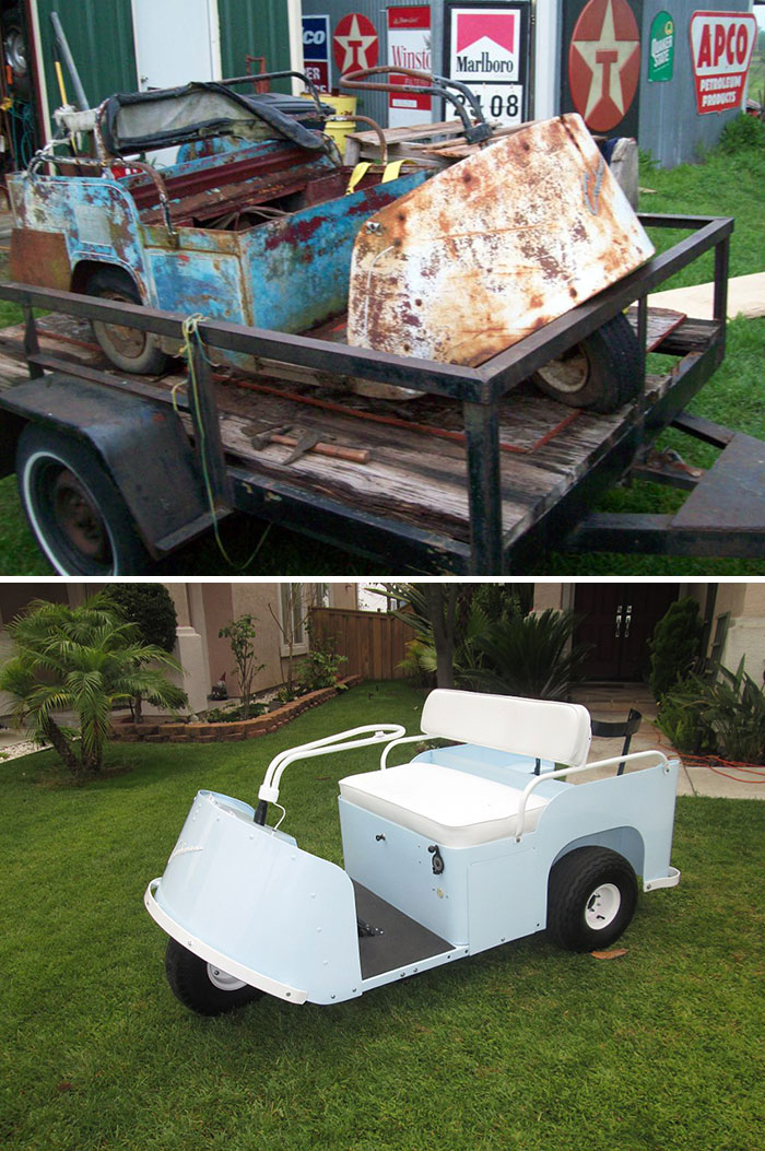 Mi amigo ha restaurado un coche de golf Cushman de 1955. Dice que sólo quedan 2 de estos modelos en existencia y el otro está en un museo
