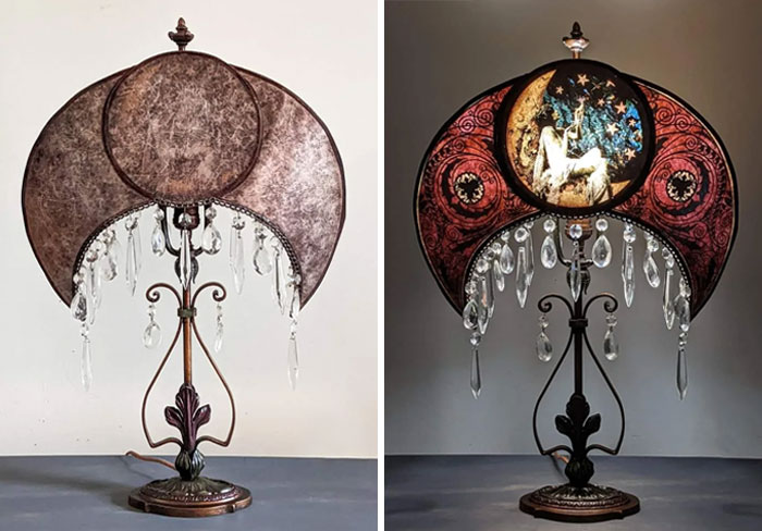 Restauré esta lámpara antigua e hice una pantalla bohemia de mica de luna creciente con colgantes de cristal de una lámpara de araña antiguos