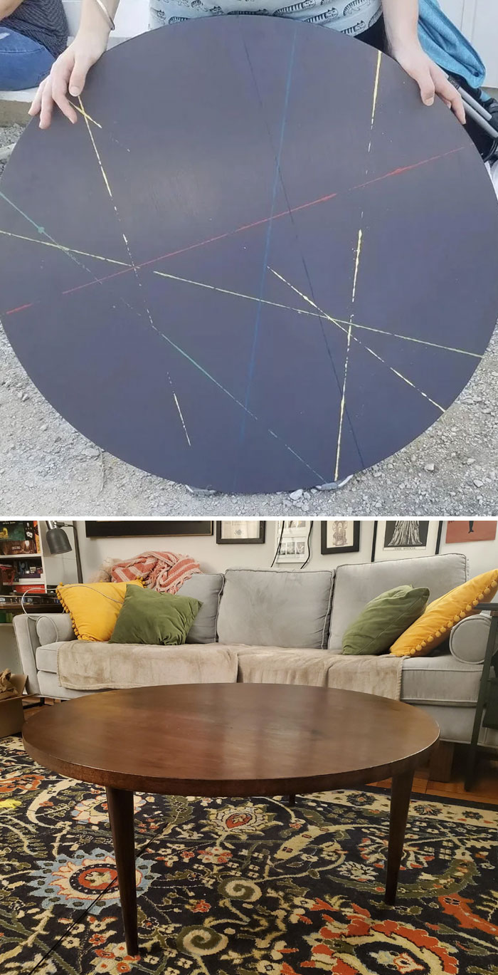Compré esta mesa de centro en 2018 por 15$ en un mercadillo porque era barata y necesitaba algo para mi sala de estar. Finalmente pude decaparla este fin de semana