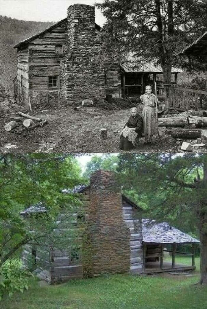 Esta es la cabaña de la familia Walker en el Parque Nacional de las Grandes Montañas Humeantes, Tennessee, EE.UU. La familia Walker (13 en total) vivió aquí antes de que existiera un parque nacional. Estas son las dos últimas hermanas Walker que vivieron aquí. La ultima hermana murio en 1966. La foto en blanco y negro se tomó hacia 1960, cuando la cabaña tenía el mismo aspecto que hace 150 años. La cabaña es ahora un destino turístico que incluye algunos de los muebles y herramientas originales