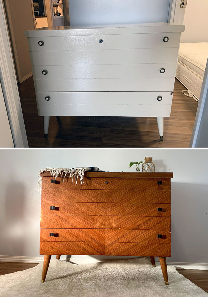 Ayudé a esta pobre cómoda de cedro (de la compañía de muebles Henderich). Amigo, realmente me sorprendió hallar una veta tan hermosa debajo de la pintura