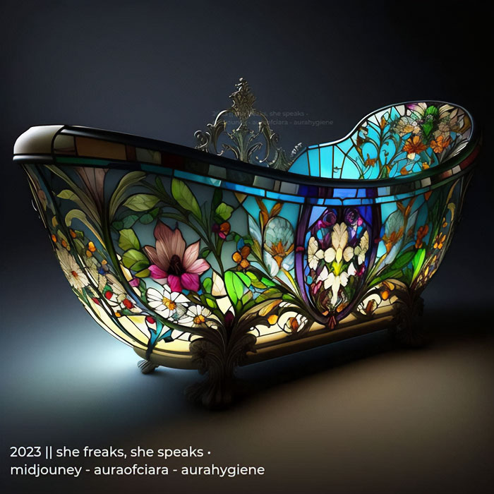 Bañera con vidrieras de She Freaks, She Speaks con Midjouney