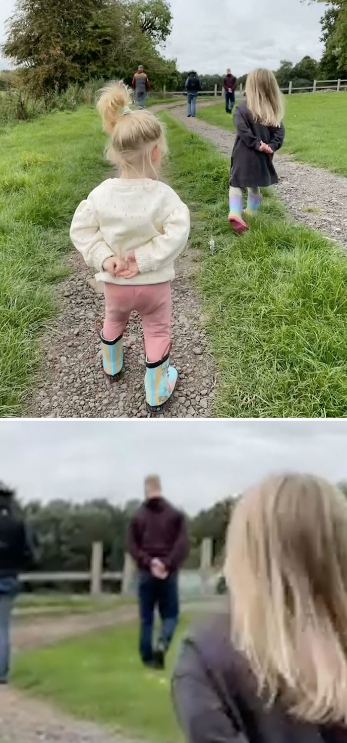 Mi mujer me enseñó esta foto de nuestras hijas. "Qué lindas, se están copiando", le dije. Luego hizo zoom en mí (sudadera con capucha púrpura). Me hizo sonreír
